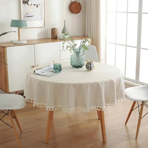 Cotton Linen Round Tablecloth, Farmhouse Dust-Proof,Soft and Wrinkle