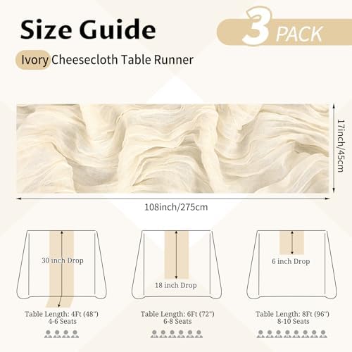 3 Pack Ivory Table Runner 17x108 Inch Cheesecloth Table Runner Boho