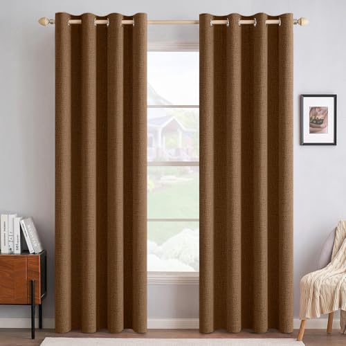 MIULEE 100% Blackout Linen Curtains for Bedroom 52x96 Inches Brown