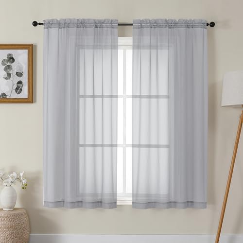 Gwine Light Grey Sheer Curtains 63 Inch Length 2 Panels for Living