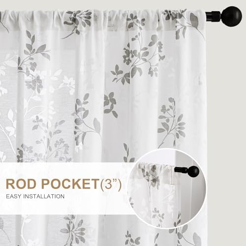 HOMEIDEAS White and Gray Privacy Sheer Curtains 96 Inches Long, 2