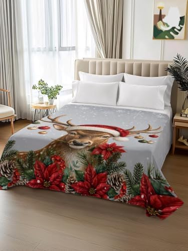 Cal King Size Flat Sheet Only, Christmas Poinsettia Pinecone Bed Top