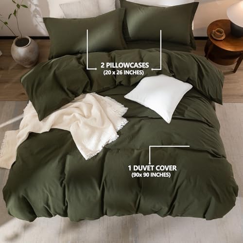 3Pcs Olive Green Solid Queen Duvet Cover Set Washed Cotton