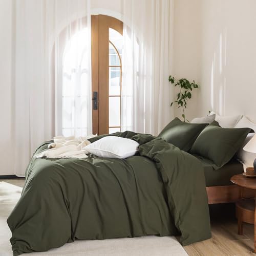 3Pcs Olive Green Solid Queen Duvet Cover Set Washed Cotton