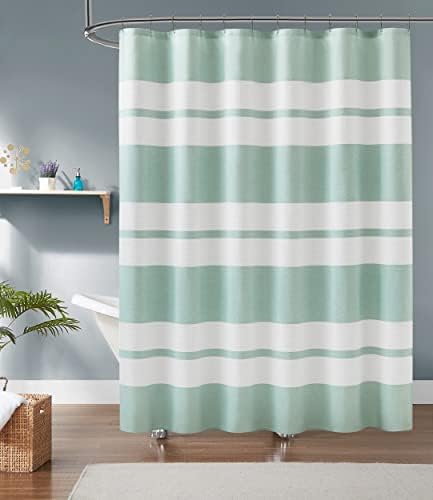 Warm Home Designs White Waffle Shower Curtain with Green Stripes. W