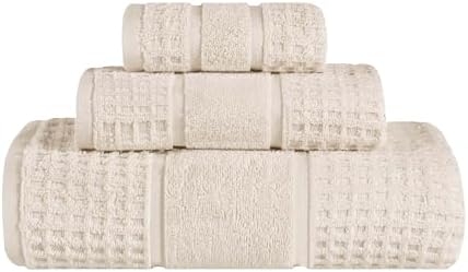 SUPERIOR Cotton 3-Piece Towel Set, Zero Twist, Waffle Border, Bathroom