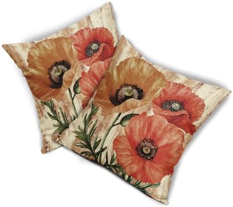 Vintage Red and Orange Floral Throw Pillow Covers 18x18 Inch Set of 2