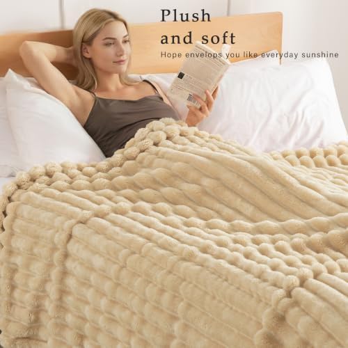 Exclusivo Mezcla Striped King Size Fleece Blanket for Bed, Beige