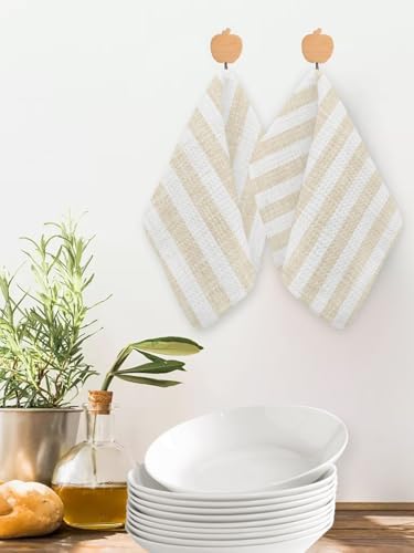 Beige Striped Dish Towels Set, Waffle Weave Kitchen Towels 3 Pieces