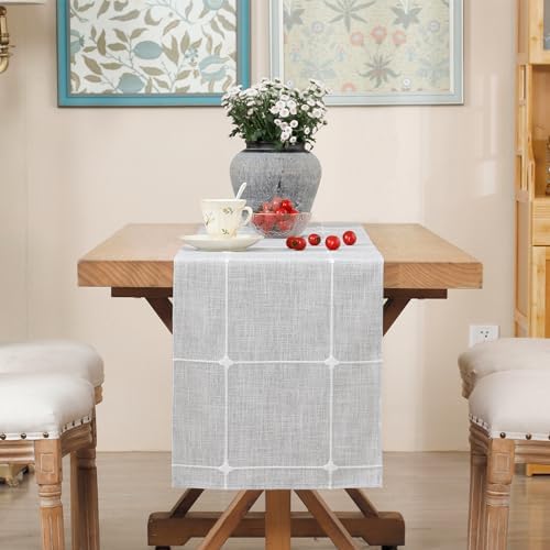 NEWISHER Rustic Embroidered Plaid Cloth Table Runner 72 inches, Grey