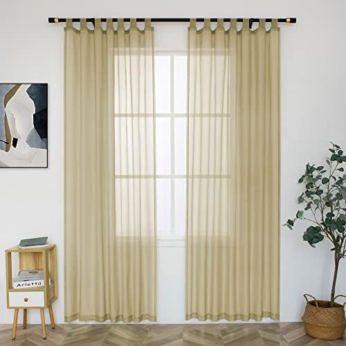 MUMFAS Light Brown Sheer Curtains with Tab Top Look Semi Taupe Tan