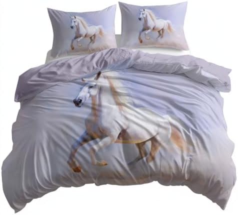 King Duvet Cover Set Soft Microfiber Oil Painting Horse Light Purple