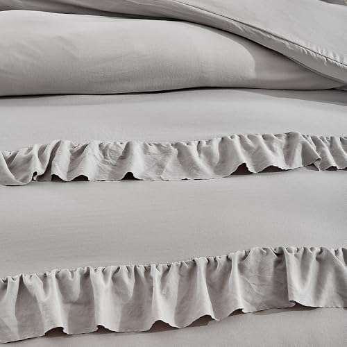 Gray Ruffle Duvet Cover King Boho Shabby Chic Ruffled 3 Piece Bedding