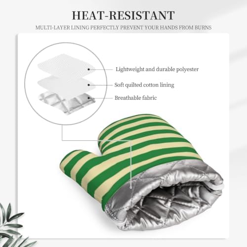 Dark Green and Beige Stripes Oven Mitts 2 Pack Kitchen Heat Resistant