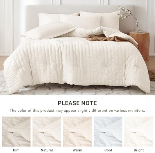 MUXHOMO Full Comforter Set 7 Pieces, Seersucker Bed in a Bag, Ivory