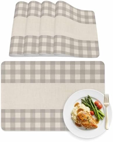 Placemats Set of 4 Gray Buffalo Check on Retro Linen Heat-Proof