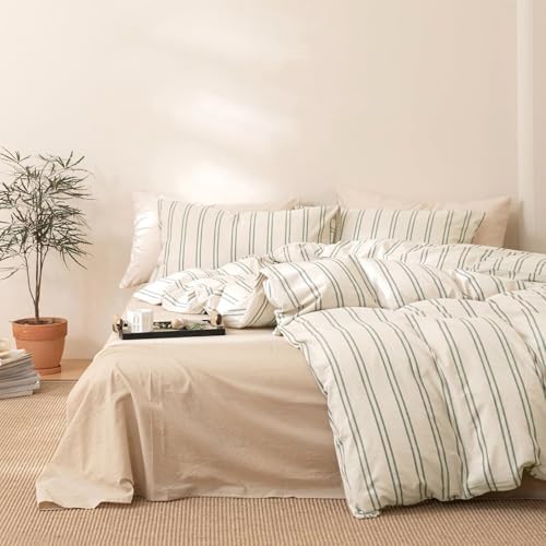 DONEUS Green Striped Duvet Cover Set 100% Washed Cotton Linen Like