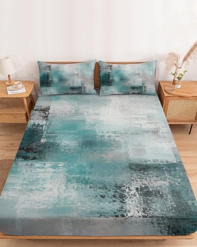 Fitted Sheets Elastic Deep Pocket Bed Sheet Twin XL Cyan Gray Graffiti