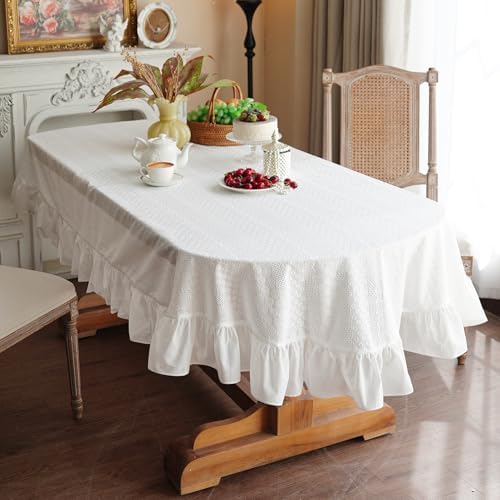 Oval Cotton Tablecloth Ruffled Lace Farmhouse, White 60" x 104"
