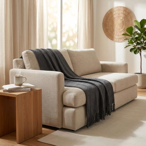 Knit Throw Blanket for Couch, 50 x 60 Inch Charcoal Grey Textured