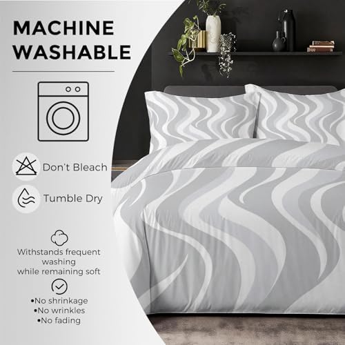 Abstract Geometry Duvet Cover Queen, White Grey Wave Line Bedding Set
