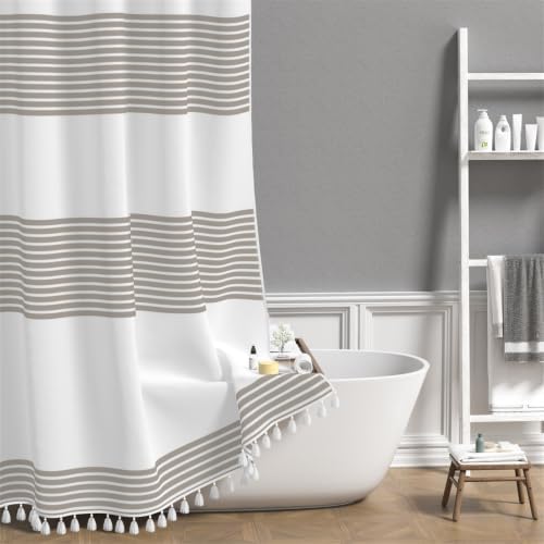 AOFOTO ‌Taupe and White Boho Tassel Shower Curtains, Striped Shower