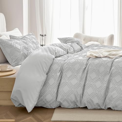 JELLYMONI Light Grey Grid Tufted Duvet Cover Set King Size