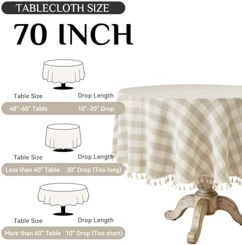 Softalker Gingham Round Tablecloth with Tassel, Beige, 70" x 70"