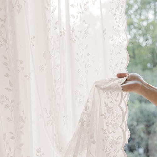 Ivory Lace Sheer Curtains 96 Inch Long 2 Panels with Floral Design