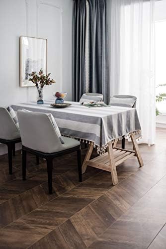 Gray Cotton Square Tablecloth 70 W x 70 L, Stripes with Tassels Table