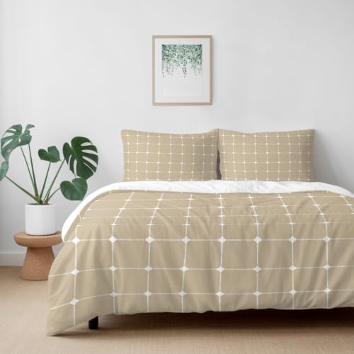Taupe Gingham Duvet Cover Full Size, Modern Minimalist Geometric Plaid