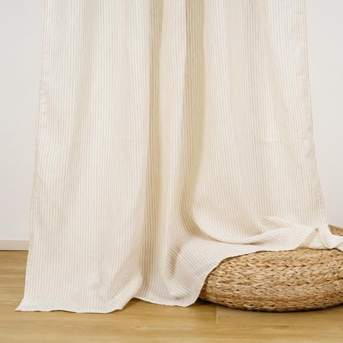 100% Pure Linen Rod Pocket with Pinstripe Curtains, 52 x 84 Inch