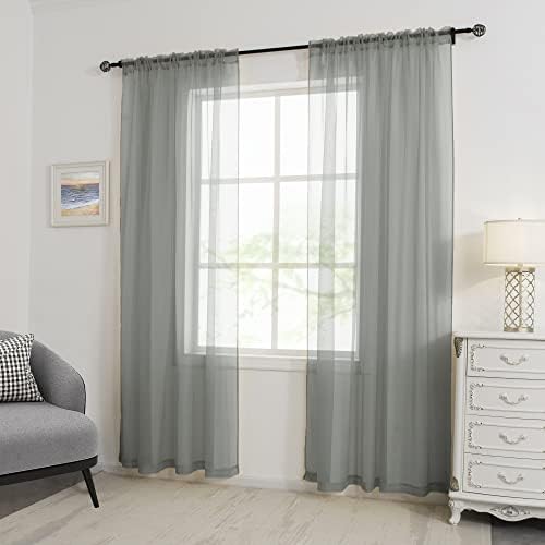 HUTO Sage Grey Sheer Curtains 96 Inches Long Rod Pocket Window Sheer
