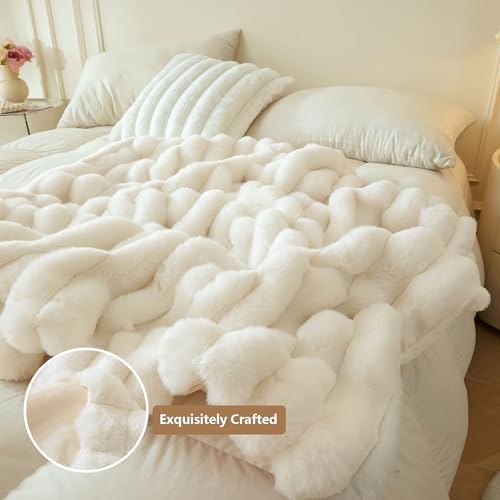 MEGO Fluffy Faux Rabbit Fur Ribbed Throw Blanket 50"x60", Beige