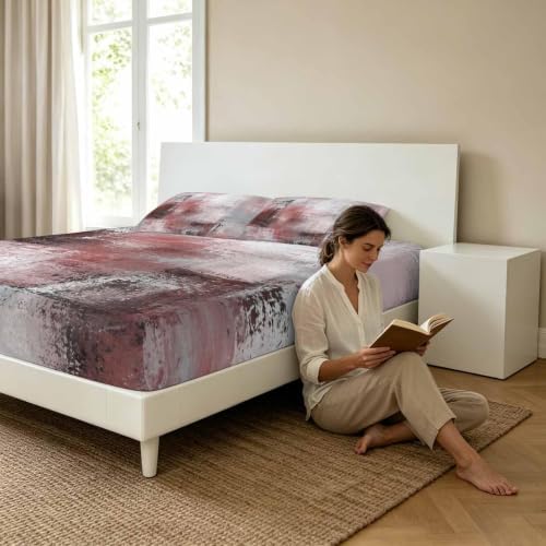 Queen Fitted Sheet Deep Pocket, Red Gray Graffiti Texture Soft