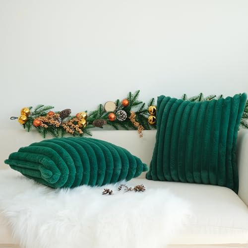 JOJUSIS Faux Fur Plush Throw Pillow Covers, Dark Green, 22 x 22-Inch