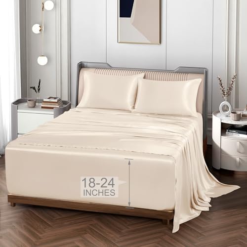 Vonty Beige Satin Sheets King Extra Deep Pocket 18-24In 4PC