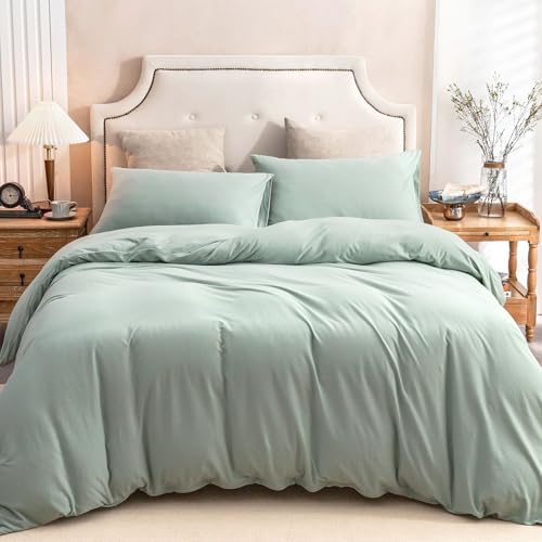 PURE ERA Jersey Knit Duvet Cover Set Solid Sage Green California King