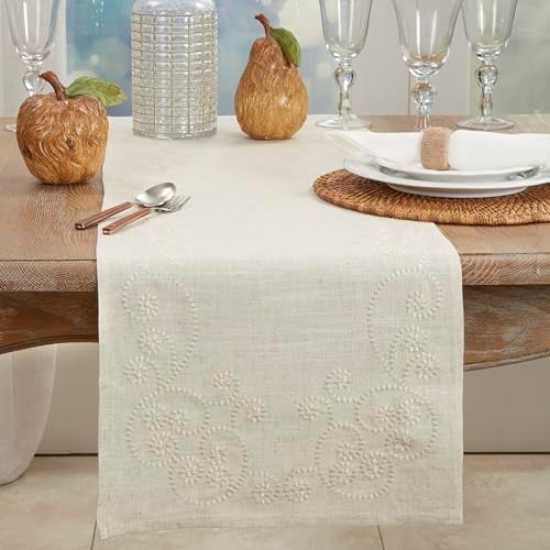 SARO LIFESTYLE Embroidered Scroll Table Runner - Linen Blend Table