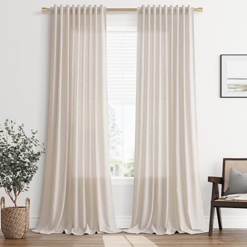 SMABU Linen Curtains 96 Inch Long for Living Room Hook Belt Natural