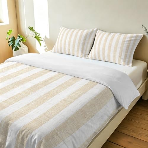 3 Pieces Bedding Set King Size, Beige Striped Soft Duvet Covers Set