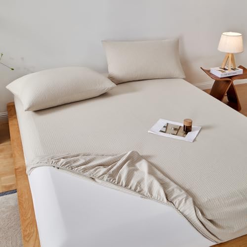 LweiPsqlin 100% Cotton Fitted Sheet Twin XL Size, Taupe Gray Gingham