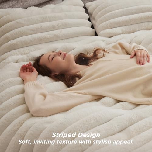 Bedsure Faux Fur King Comforter Set, Striped Fluffy Bedding Sets Beige