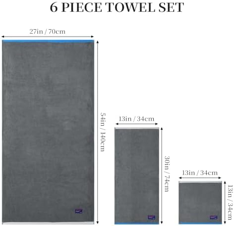 REDKISS 6 Piece Bath Towel Set, 100% Cotton, Soft Absorbent 600 GSM