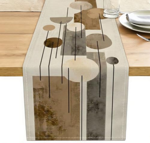 Neutral Abstract Table Runner, Modern Boho Brown Grey Line Shape