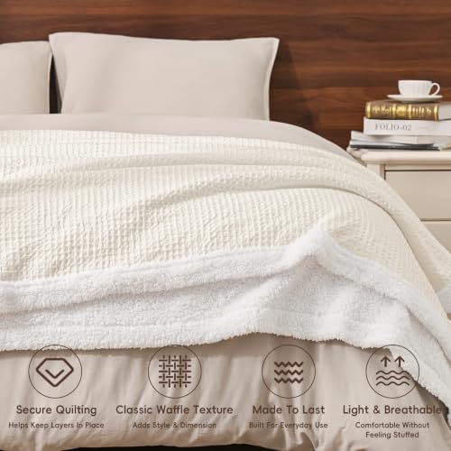PHF Waffle Sherpa Blanket King Warm for Winter, 104"x90", Cream