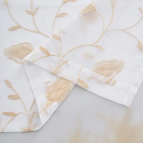 Floral Embroidery Beige Sheer Curtains 84 Inches Long, Rod Pocket