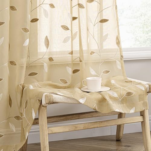 MIULEE Beige Sheer Curtains 2 Panels Embroidered Leaf Patterned, W52 x