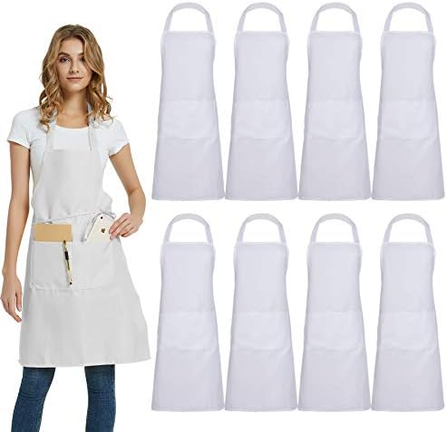 DUSKCOVE 8 Pack Bib Aprons Bulk - Unisex White Commercial Apron with 2
