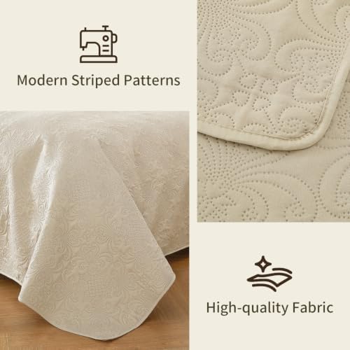 King Size Quilt Bedspread Beige 3-Piece Bedding Set for Bedroom Guest